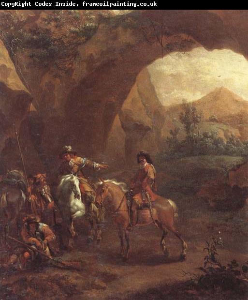 Adam Colonia Landscape with troopers and soldiers beneath a rocky arch